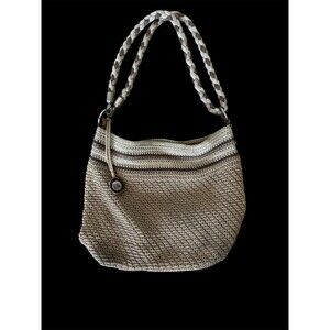 The Sak Tan/Pink Stripe Boho Crochet Shoulder Bag, Braid Strap Festival Summer